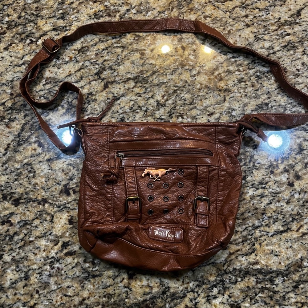 WallFlower Cognac Brown Faux Leather Crossbody Bag Western Horse Detail Grommet